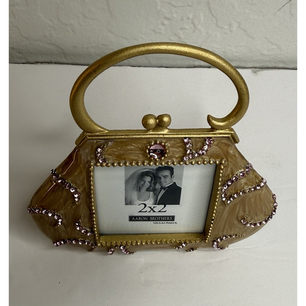 Aaron Brothers Small Picture Frame Purse Pearly Enamel Rhinestones 2x2 Photo New - Picture 2 of 6